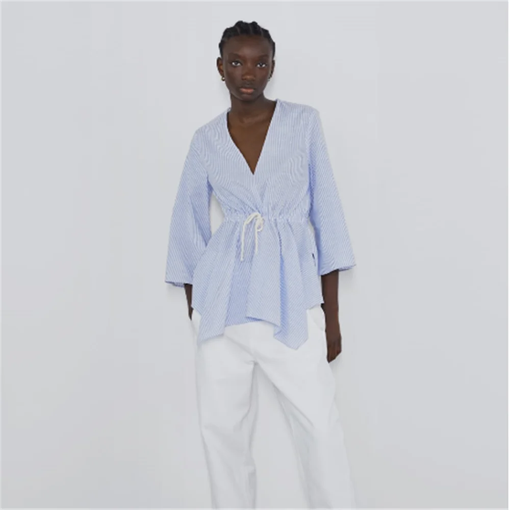 Женская блузка с поясом ZA осенняя в полоску v образным вырезом и широкими