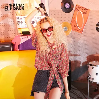

ELFSACK Disty Floral Print Casual Lace Up Bohemian Blouse Women 2020 Summer ELF Vintage Korean Ladies Chiffon Holiday Tops