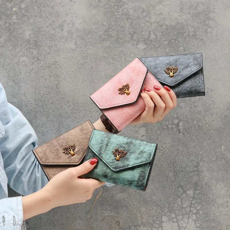 2019 New Wallet Women Short Retro Tree PU Leather Student Card Bag Fashion Buckle Mini Wallet Hand Wallet Carteira 2019 New Wallet Women Short Retro Tree PU Leather Student Card Bag Fashion Buckle Mini Wallet Hand Wallet Carteira