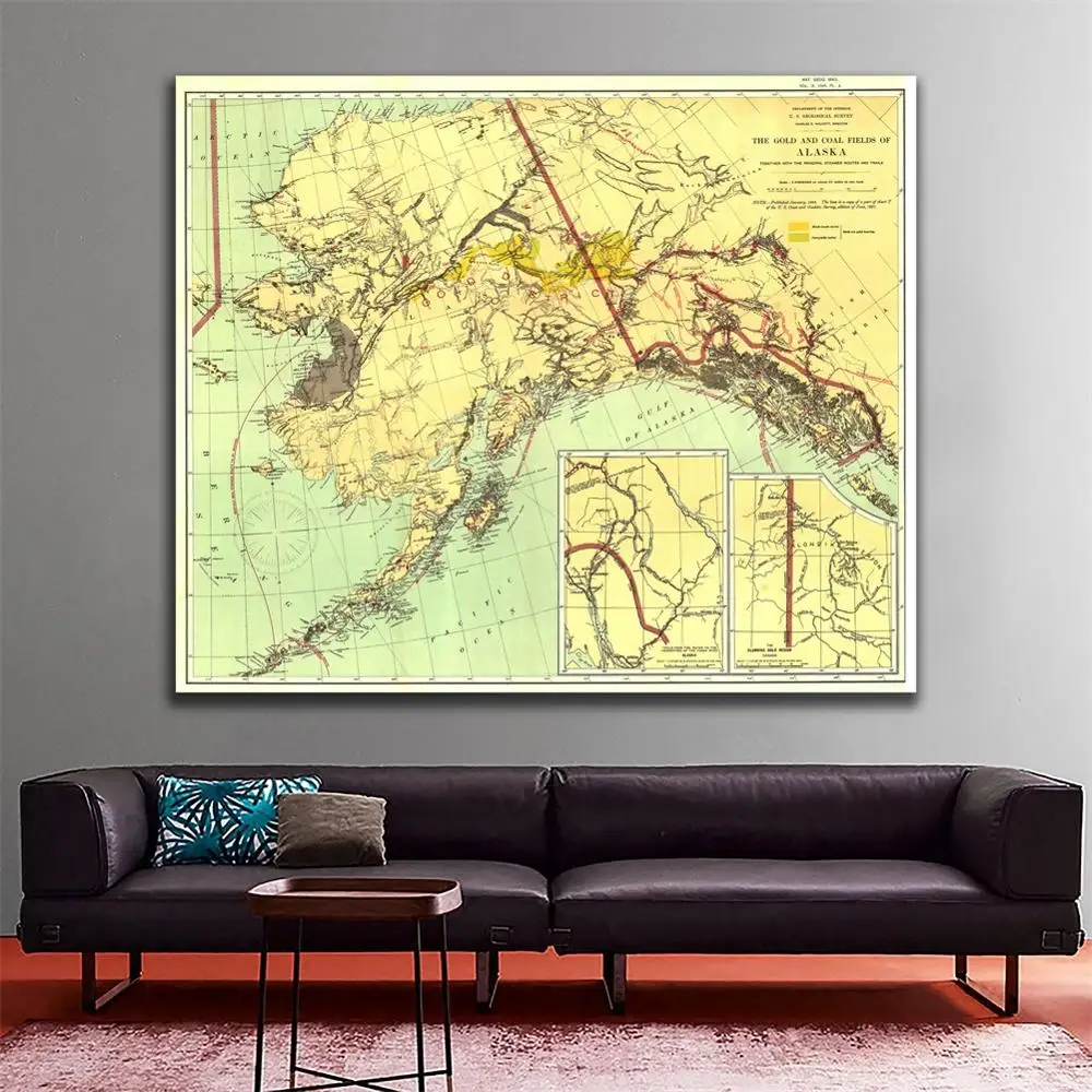

1898 Edition Vintage Decor Map Wall Decor Painting The Gold And Coal Fields of ALASKA 90x90cm HD Spray Painting For Living Room