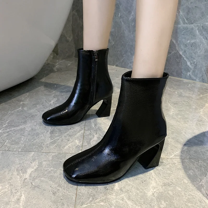 

Chunky Heel Brand Women's Shoes Lady Boots Lace Up Leather Booties Bootee Woman 2019 Low Heels booties Round Toe Fashion Ladies