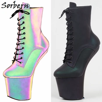 

Sorben Luminous Light Reflect Boots No Heels Drag Queen Stripper Heels Hoof Shoes Lace Up Iridescence Shoes Multi Colors