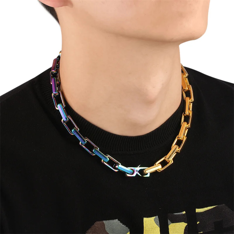 Wholesale Square Chain Necklacw Colordul Men's Cuban Chain Necklace Punk  Style Quenching Thick Jewelry Men Women Gift