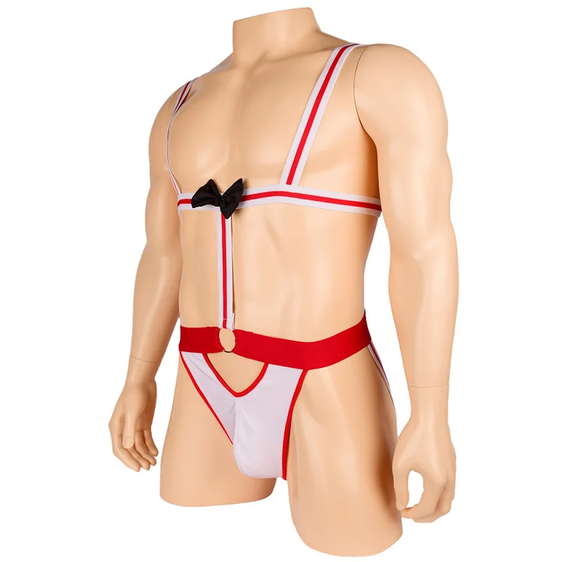 Muscle Men Open Butt Erotic Waiter Teddies Bodysuit Singlet Suspender Thong Bow Tie Underwear Lingerie
