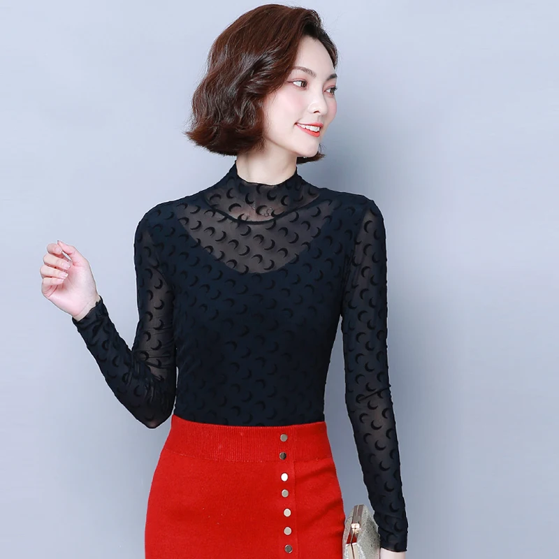 

Sexy Mesh Shiny Long Sleeve Blouse Women Spring Transparent Club Party Black Shirts Sexy Plus Size Turtleneck Tops Summer 2021