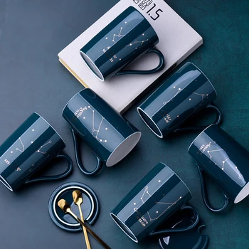 

400ML Ceramic Mugs 12 Constellations Creative Mugs Couple Coffee Cup with Spoon Lid green Milk Coffee Cup Drinkware Gift Set