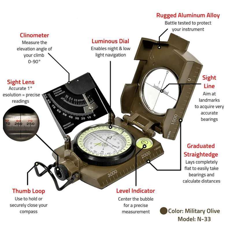Военный линзатический Прицельный с флуоресцентным портативным компасом с инклинометром и сумкой для переноски для кемпинга, пеших прогулок, охоты