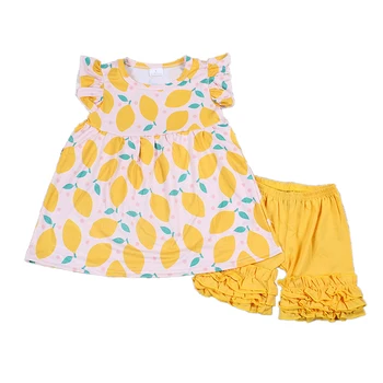 

2020 summer style lemon children baby girl clothes set casual milk silk yellow princess shirt + shorts kids clothes