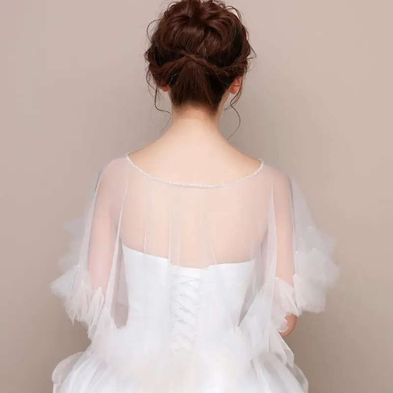 Womens Wedding Cape Sheer Tulle Trim Bridal Capelet 1920S Ladies Pullover Neck Shrug Wrap for Dress Cover Up