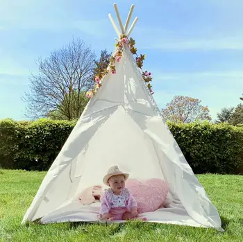 

163 cm Tall Teepee Tent for Kids Children Playhouse with Floor Mat & Carry Case for Indoor Outdoor- White Cotton Canvas Tipi