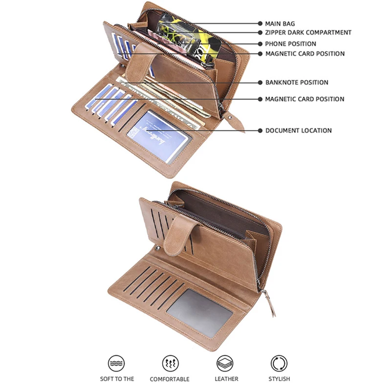 Baellerry Brand Luxury Men Wallet High-quality Leather Long Clutch Purses Buckle Zipper High Capacity Business Wallet
