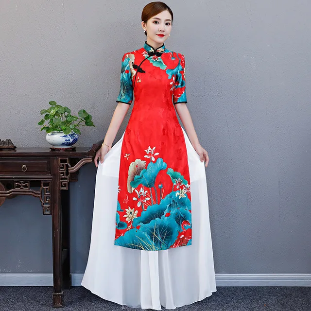 Plus size 5XL cheongsam autumn new female dignified atmosphere Austrian Chinese etiquette Printed pendulum dress Long cheongsam