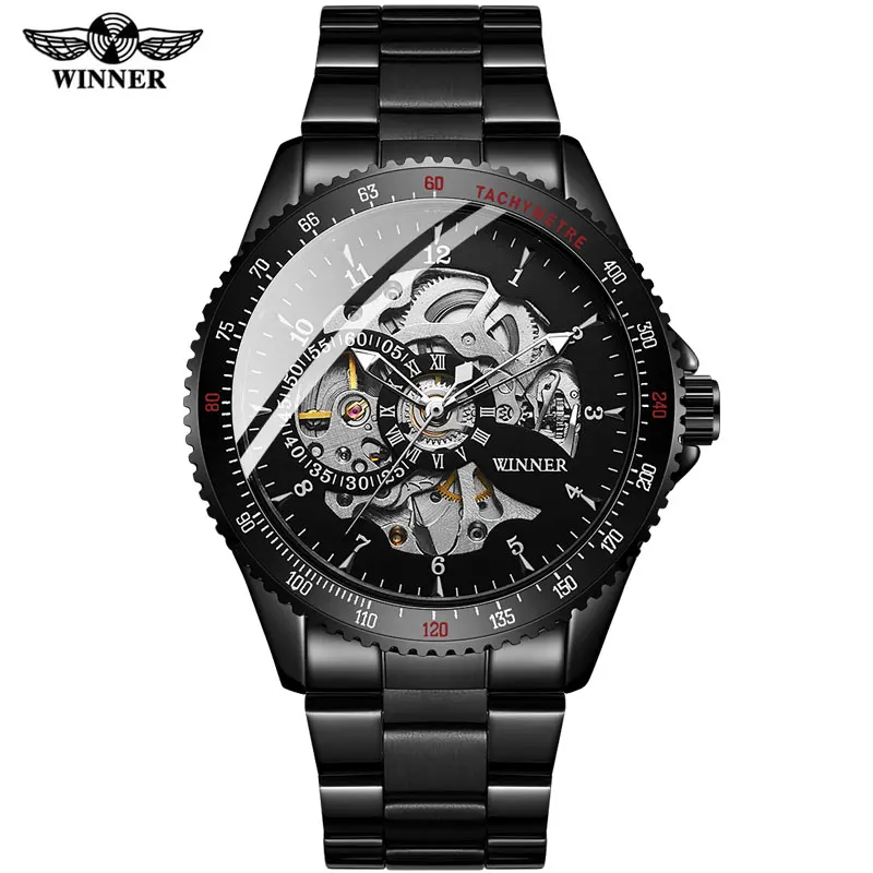 

Free Shipping 2020 Men Automatic Mechanical Watches Winner Men's Black Stainless Steel Watches Fashion Skeleton Steampunk Watch