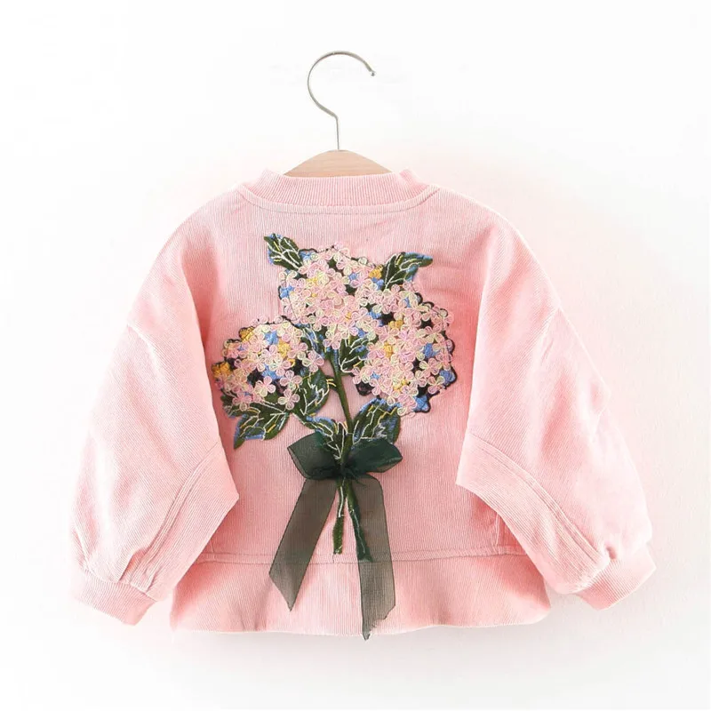 Осенние вельветовые куртки с цветочной вышивкой для маленьких девочек, детские кардиганы, Детская верхняя одежда на молнии, пальто, casaco - Цвет: Розовый