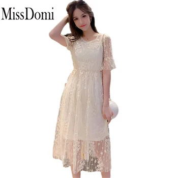 

Lace dress MissDomi Spring Korean vestidos new arrival wholesale 2020 Spring new sexy suspenders + shiny short-sleeved dress