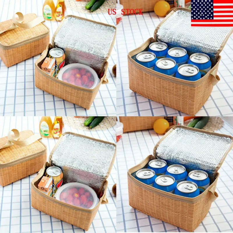 NEW Imitation Rattan Insulated Waterproof Picnic Camping Lunch Box Storage Bag