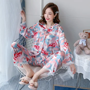

Pajamas women autumn silk print cartoon lapel cardigan summer long-sleeved loose plus size two-piece pajamas home service