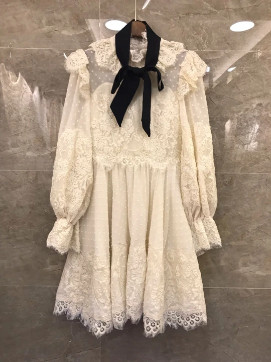 

2019 Early Autumn New Female Necktie Knotted Lace Embroidery Wave Point Long Sleeve A Swing Dress 724