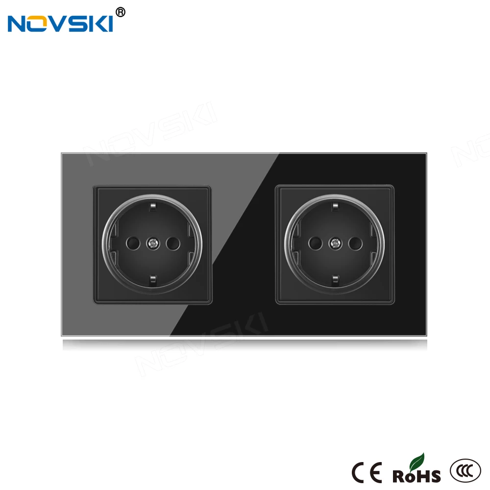 NOVSKI 16A Schuko F Wall Socket Double Frame Crystal Glass Black Panel 86*172 mm 4 USB Chargers | Обустройство дома