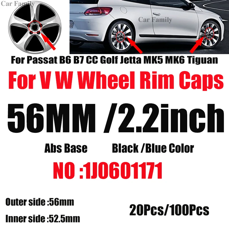 56 мм 2,2 дюйма для Passat B6 B7 CC Golf MK5 MK6 Tiguan 20 шт. 100 шт. автомобильные диски, колпачки для колес, автомобильные чехлы ABS 1J0601171