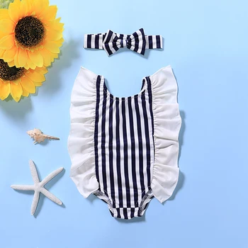 

bunvel 0-3Years Beach Wear Swimming Suit Striped Headband+Ruffle Sleeveless Swimwear Summer Swimwear Baby Girl Swimsuit
