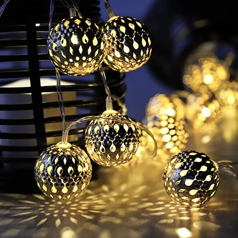 Garden Decoration Outdoor Moroccan Hollow Metal Ball String Lights Solar Street Garland Christmas Home | Освещение