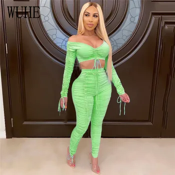 

WUHE Women Two Piece Chic Suits Off Shoulder Long Sleeve Crop Top and Ruched Skinny Pants Set Sexy Streetwear Tracksuit Outfits