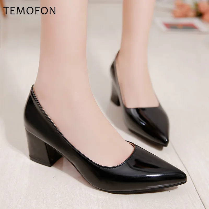 

TEMOFON fashion leather pumps women shoes black red square heel pointed toe pumps office work wedding shoes talon femme HVT729