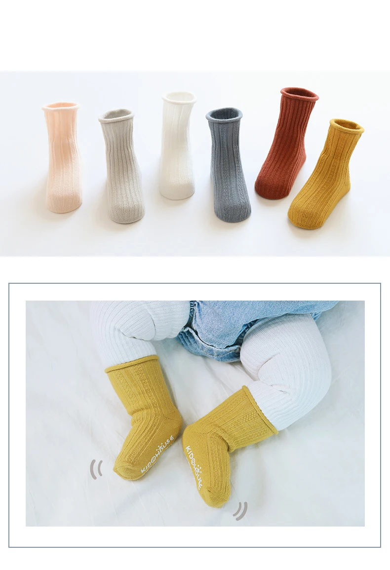 Коллекция года, милые однотонные носки для малышей осенне-зимние хлопковые милые Нескользящие носки для новорожденных мальчиков и девочек, мягкие носки-тапочки с рисунком