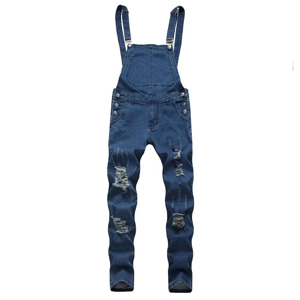 Navy Blue Мужские джинсовые комбинезоны повседневные уличные джинсы мужские потертые дырки карман Pantalon Homme подтяжки брюки - Color: Navy Blue