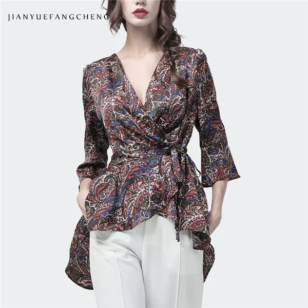 Floral В богемном стиле, с цветами кофточка Для женщин винтажное, с рукавами до локтя с длинным шлейфом для девочек плащ блузок с поясом элегантное платье для женщин с v-образным вырезом осенние женские топы и блузки - Цвет: Floral