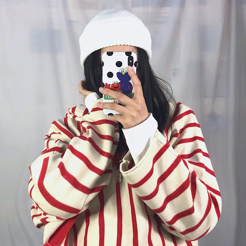 Корейский зимний ulzzang Harajuku шикарный модный полосатый Свободный Повседневный свитер с капюшоном уличный свободный осенний женский свитер