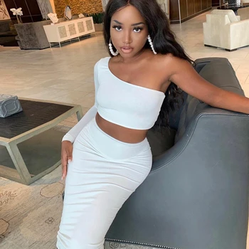 

Chifirena Sexy Two Piece Set Dress Women 2020 Summer Autumn One Shoulder Crop Top and Long Skirt 2 Piece Suit Club Party Dresses