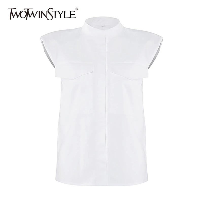 TWOTWINSTYLE Casual Blouse Female Lepal Collar Sleeveless Loose Elegant Ruched Women Shirt Fashion Clothes 2020 Summer New | Женская
