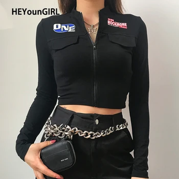 

HEYounGIRL Harajuku Print Long Sleeve Crop Top T Shirt Skinny Black Cotton Tshirt Women Gothic Zipper Casual Tee Shirt Femme