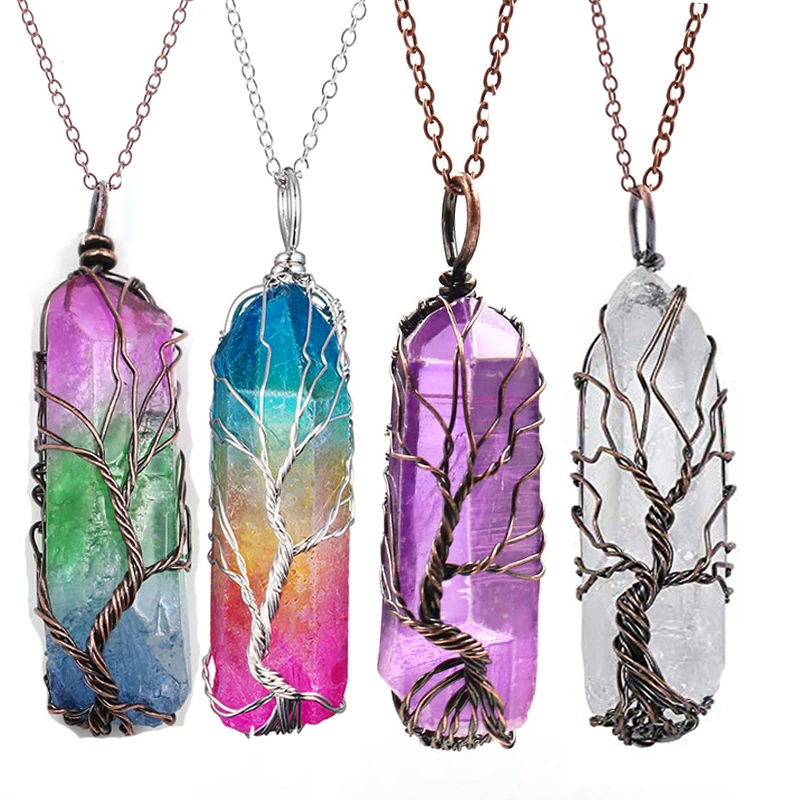 Natural Gemstones Crystal Teardrop Wire Tree of Life Reiki Chakra Pendant UK 