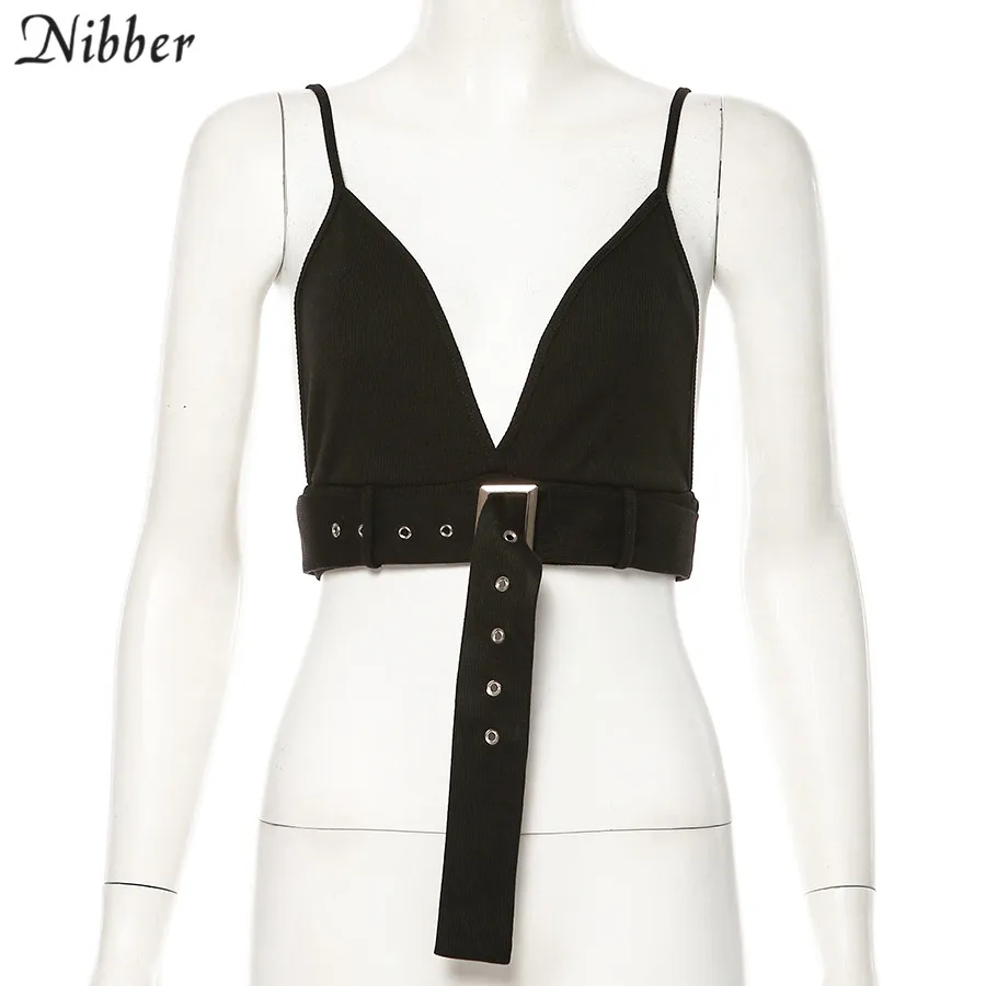 Nibber/осенний черный укороченный топ в стиле панк с металлической пряжкой, женские сексуальные Клубные вечерние топы без рукавов, женские топы, горячая Распродажа, облегающие футболки на шнуровке
