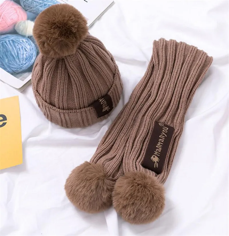 Coffee 2 Pcs Set Kids Winter Warm Hat And Scarf Child Ribbed Knitted Pom Pom Cap Scarves 2 Piece Set Baby Girl Boys Accessories 6-36 month - Цвет: Coffee 2 Pcs Set