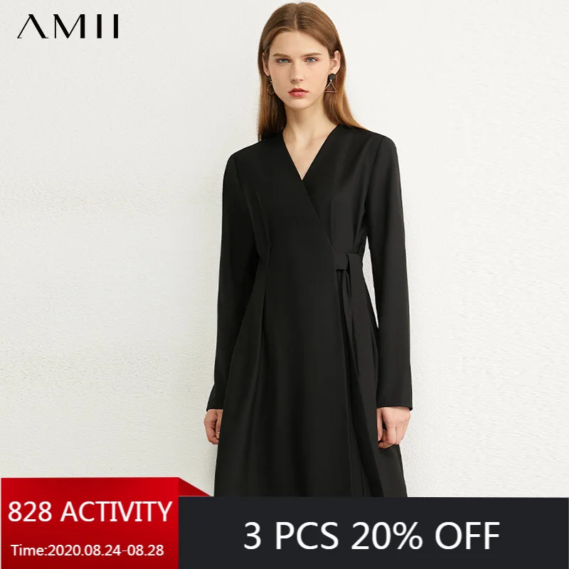 AMII Minimalism Autumn Women's Dress Temperament Vneck Full Sleeve High Waist Black Autumn Dress Female Dress 12040737