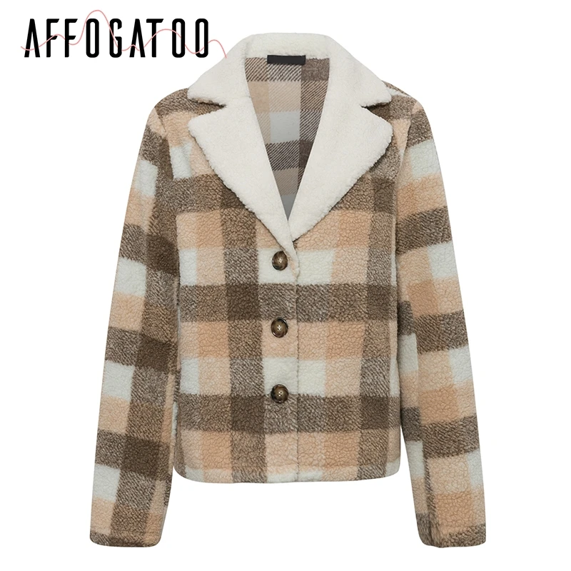 Affogatoo Casual warm plaid tedy faux fur coat women Autumn winter female short jackets Buttons pockets soft office ladies coats