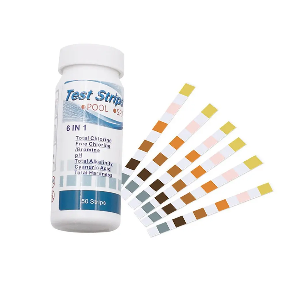 50pcs 6-In-1Multipurpose Chlorine PH Test Strips Swimming Pool Water Alkalinity Hardness Test Strip Pool Tester Household