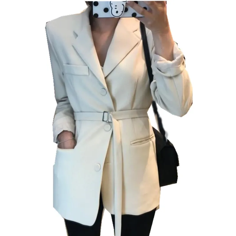 Осенний элегантный шикарный однотонный блейзер с поясом винтажный женский костюм с длинным рукавом средней длины офисное Женское пальто верхняя одежда - Цвет: Бежевый