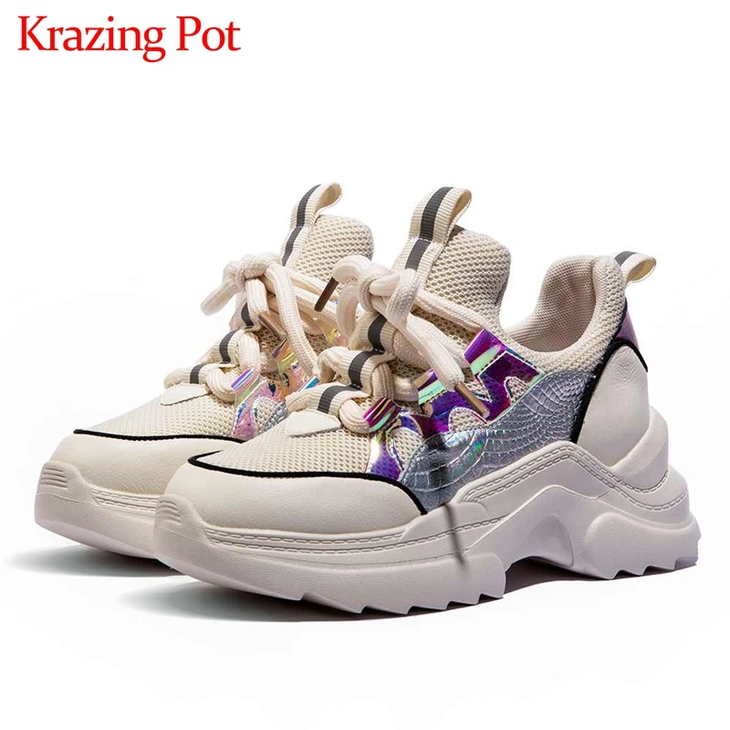 Krazing pot/модные белые кроссовки из натуральной кожи с круглым носком и толстой подошвой на шнуровке; Разноцветные брендовые вулканизированные туфли; L06