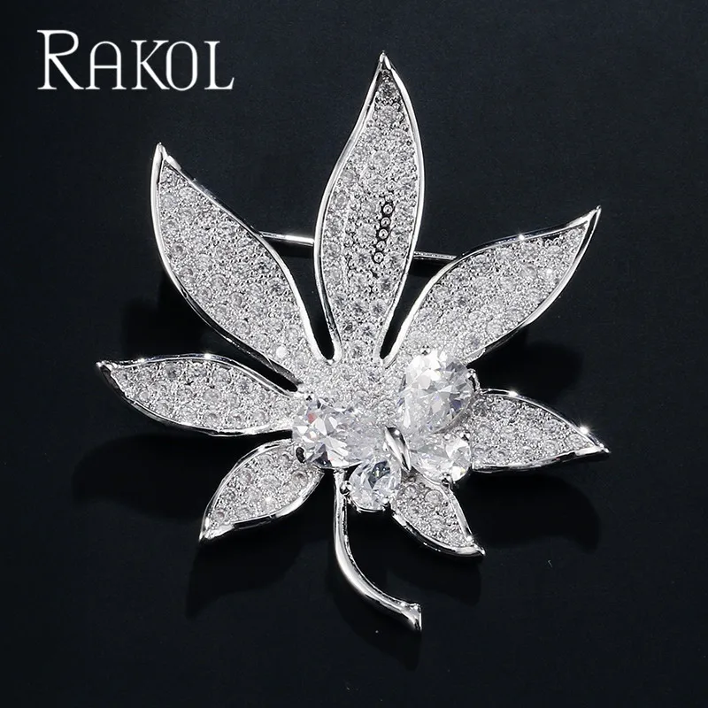 RAKOL Новая роскошная блестящая брошь в виде листа из кубического циркония ААА для женщин и девочек, ювелирные изделия для свадебной вечеринки RX31018 - Окраска металла: White Color