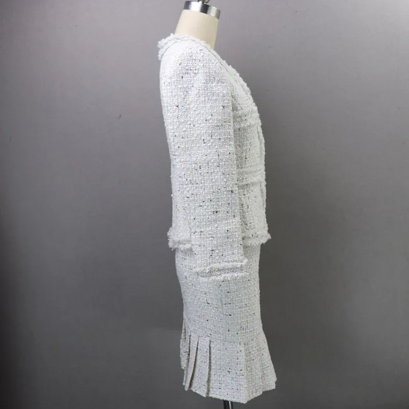 

2020 New Women Tweed Jacket Wrap Pleated Skirt Office Work Outfits Suit White Spliced Runway Slim Fit Ladies Party Two Piece Set