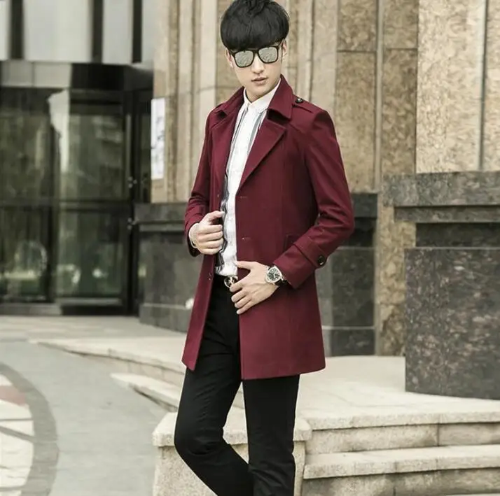 Wine red casual woolen coat men trench coats long sleeves overcoat mens