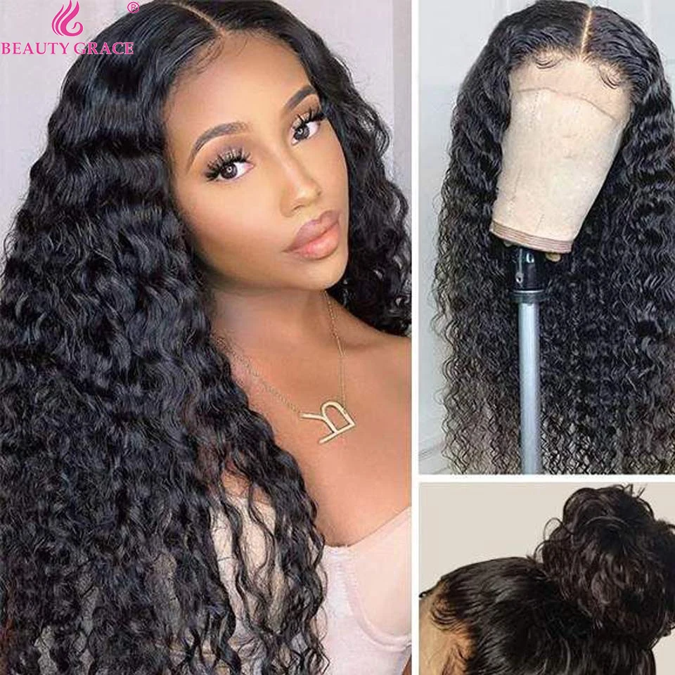 

10-26 Inches Deep Wave Lace Front Wig 4X4 Human Hair Lace Closure Wig Density 150% Peruvian Remy Long Hair Wig For Women Wig