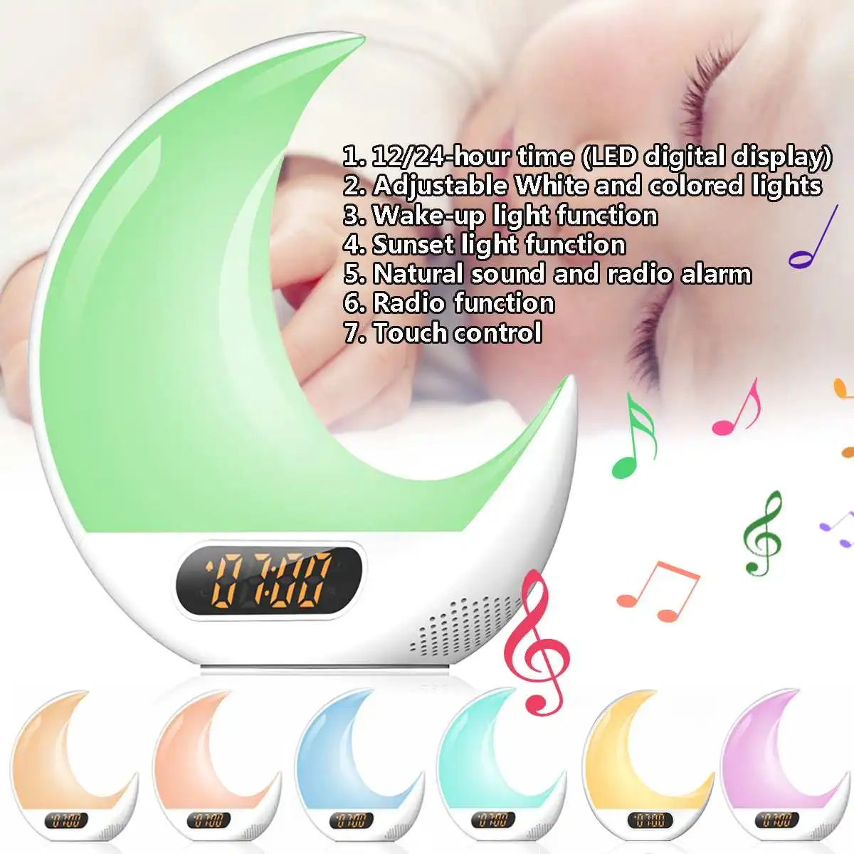 

Sunrise Alarm Clock Wake Up Light Alarm Clock Snooze Night SAD Happy Mood Light LED FM Moon Sleep Lamp RC/Touch Control FM Radio