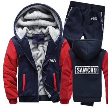 

SOA Sons of Anarchy Hoodies Mens Suit Winter fleece Thicken Warm zipper Sweatshirt SAMCRO Mens Hoodies Jacket +Pants 2Pcs Sets