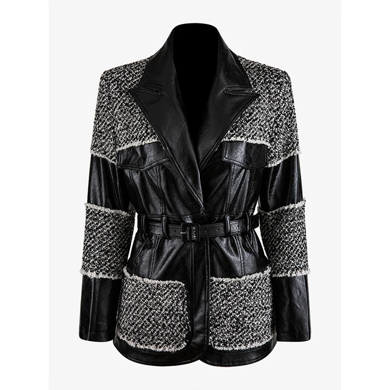 Высокое качество новейшая подиумная Дизайнерская куртка в стиле барокко женская кожаная Лоскутная твидовая куртка